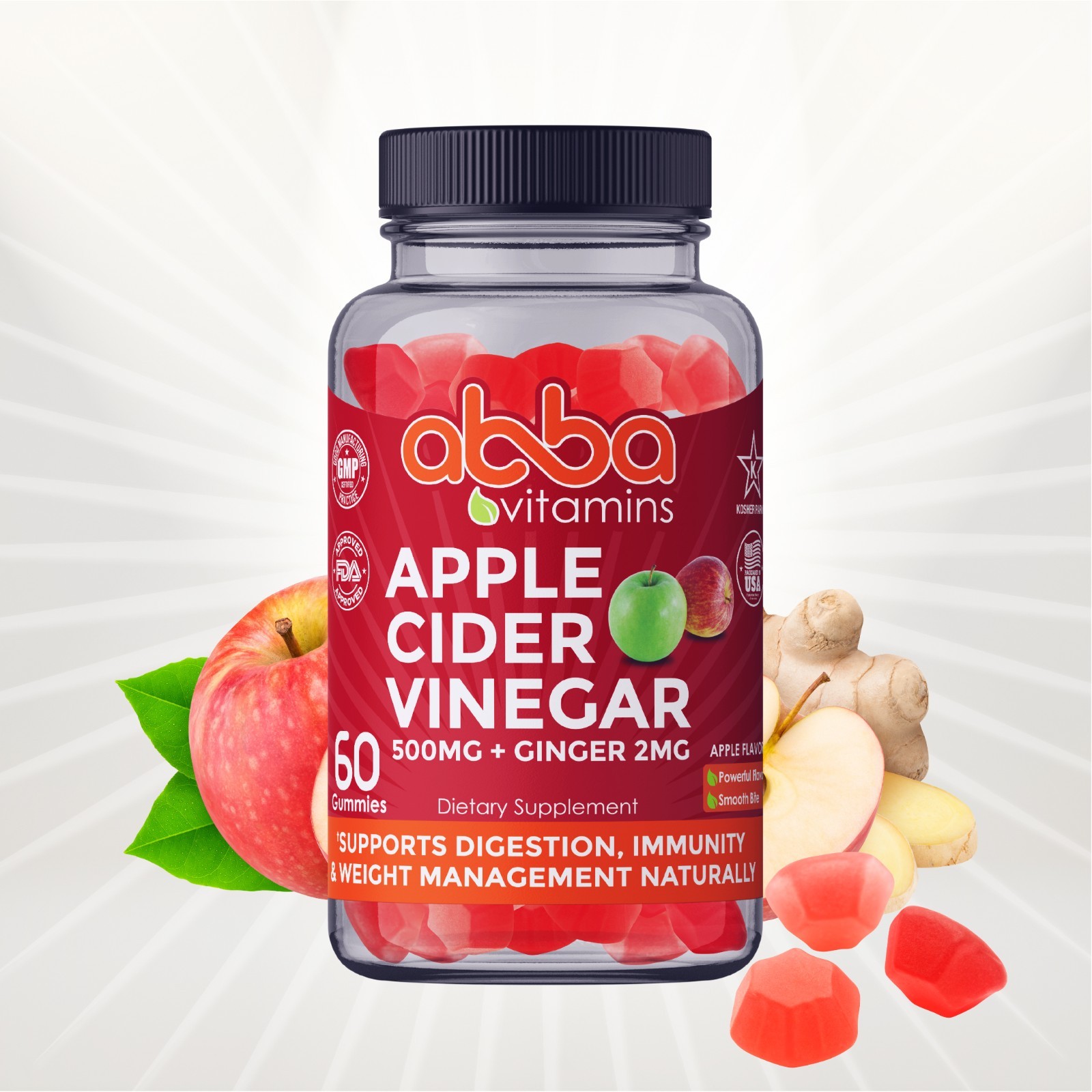 Apple Cider Vinegar & Ginger Gummies 60 Ct Vegan Kosher