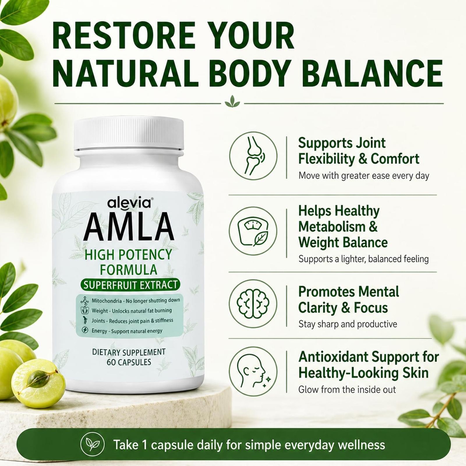 2 X Alevia Organic Amla Capsules 1000mg Indian Gooseberry Antioxidant Supple 60c