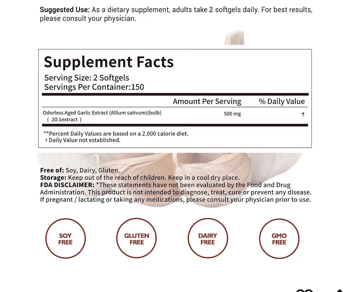 LallaBest Odorless Aged Garlic Extract 500mg 300 Softgels Gluten Free