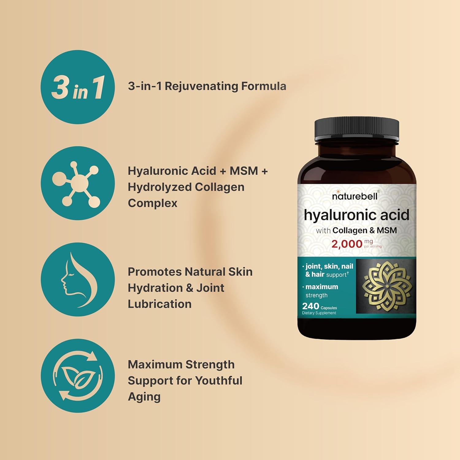 NatureBell 2 Pack Hyaluronic Acid Supplements 2,000 mg 240 Count (Pack of 2)