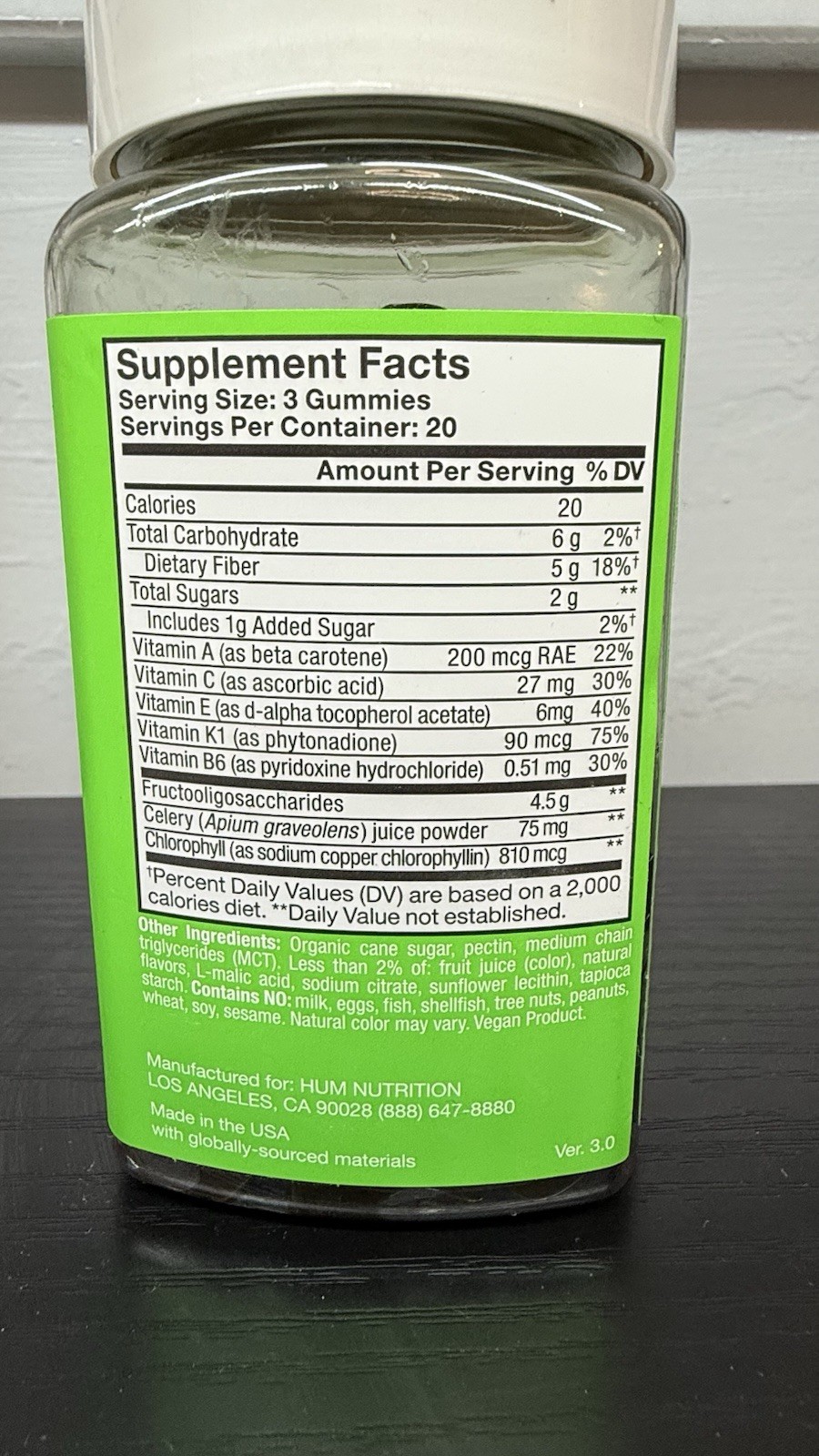 HUM Celery Juice Chlorophyll Fiber Vegan Green Apple Supplement 60 Gummies
