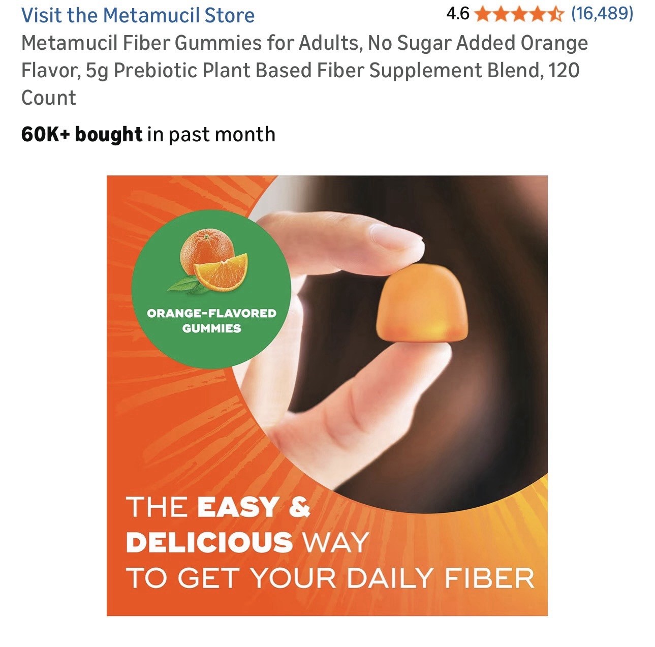 Metamucil Fiber Gummies No Sugar Added Plant-Based Orange Digestive 120 Ct