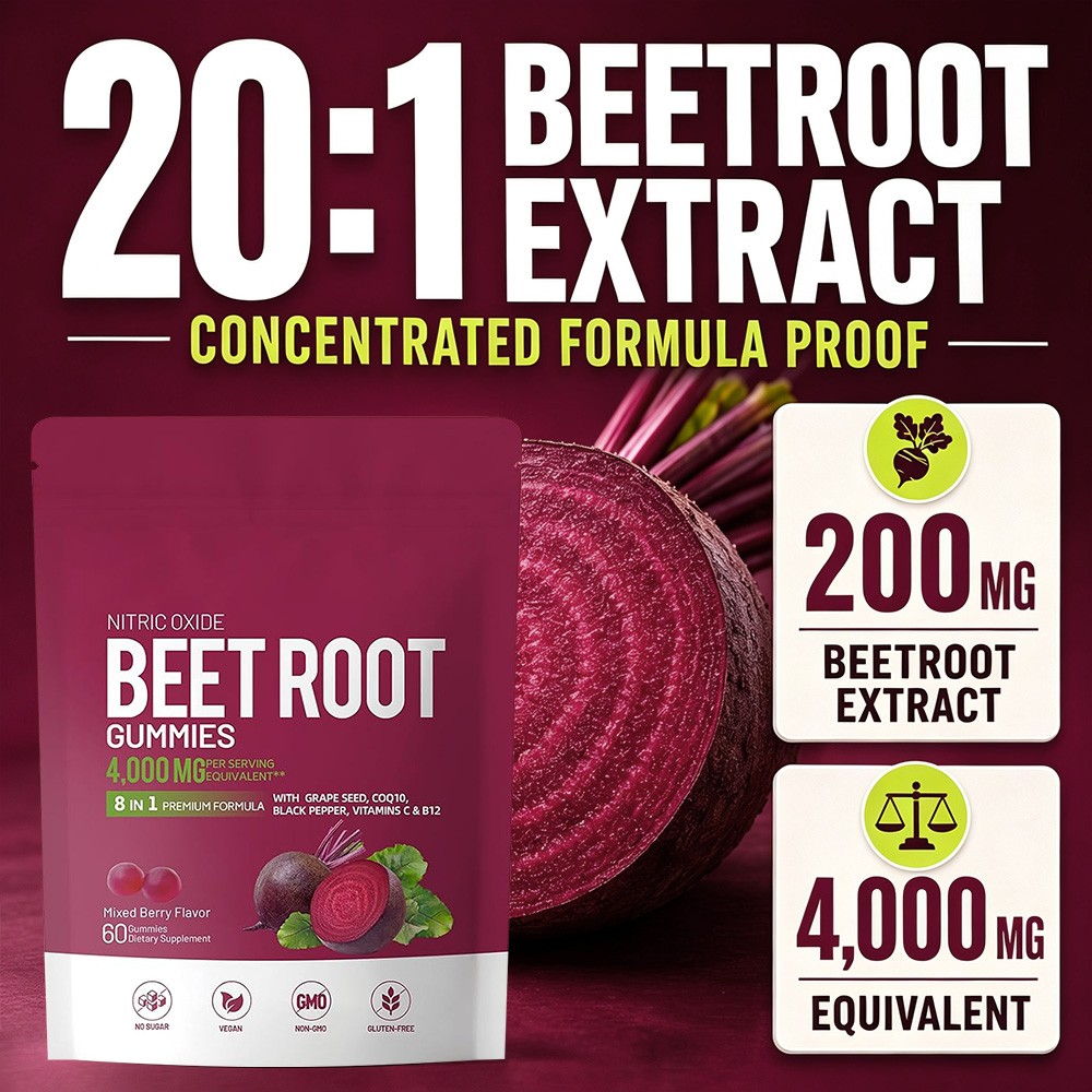 Sugar-Free 8in1 Beet Root Gummies,Daily Heart & Circulation Supplement, 60 Count