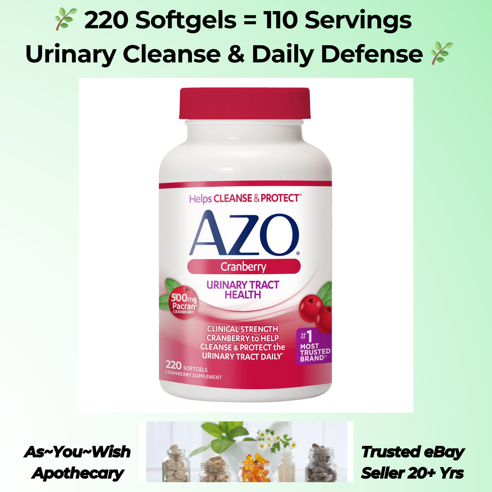 220 Softgels AZO Cranberry 500mg Urinary Tract Health UTI Cleanse Supplement