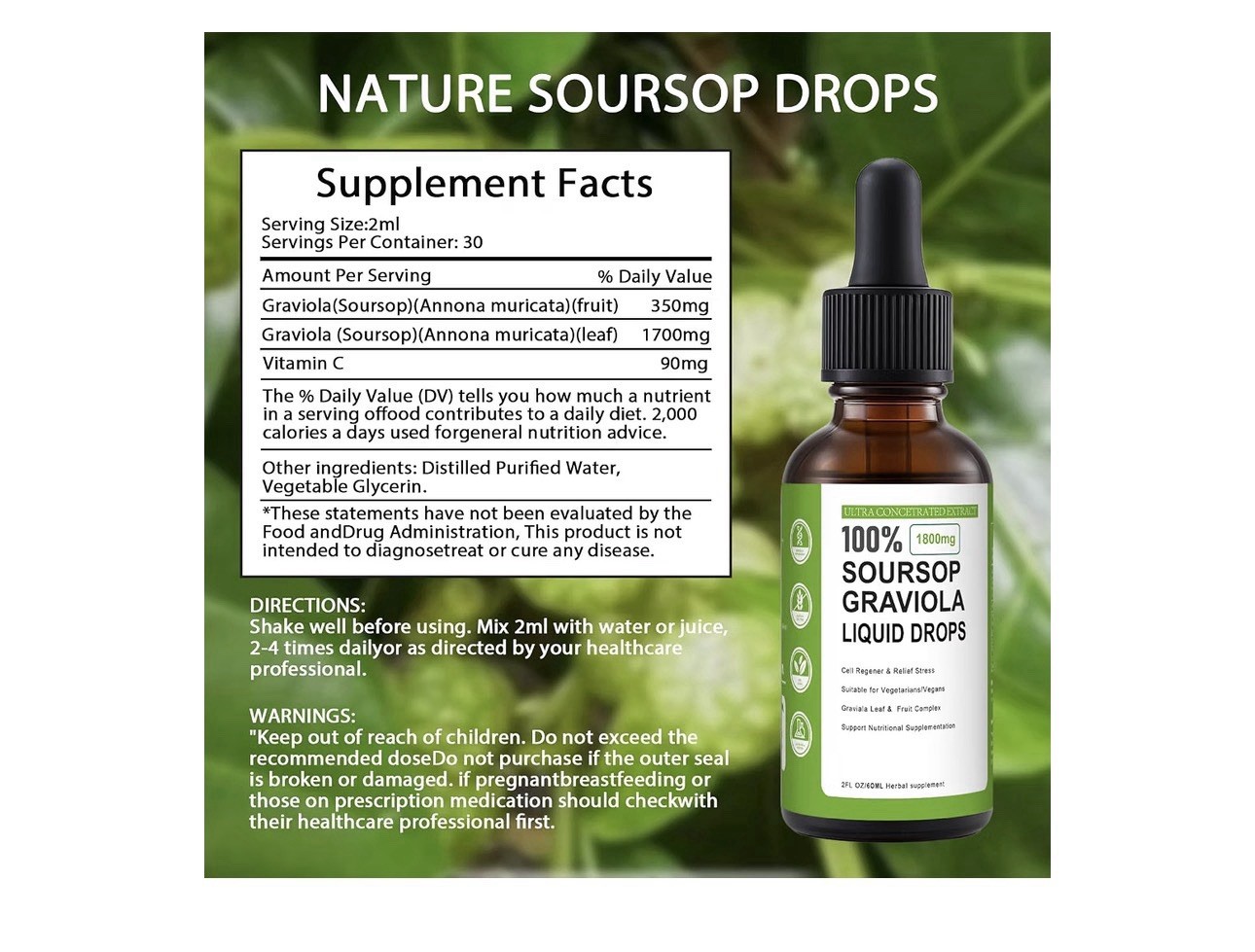 Soursop Graviola Liquid Drops 2 fl oz Vegan Gluten-Free Immune Support