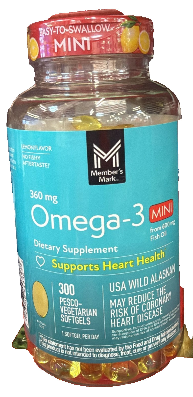 Member’s Mark Omega-3 Mini Fish Oil 600mg Lemon Softgels 300 ct Heart