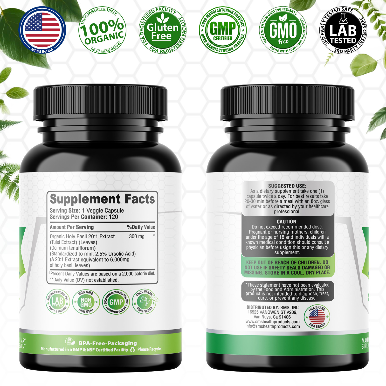 Organic Holy Basil 20:1 Extract 2.5% Ursolic Acid (120 Veg Capsules) Made In USA