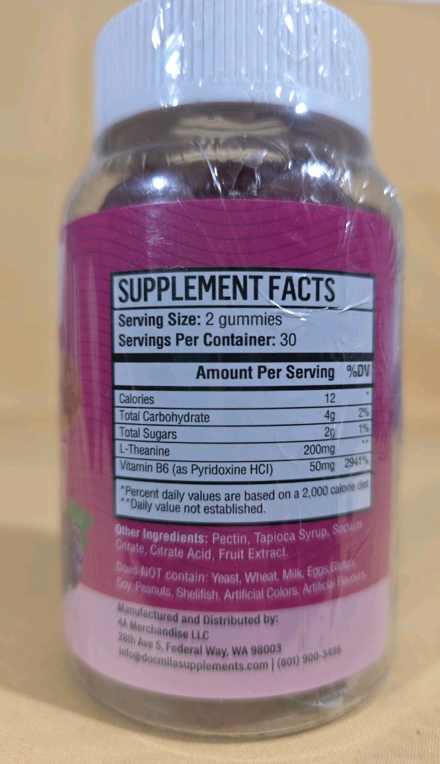 DOC MILA Calm & Focus L-Theanine + B6 Gummies 200mg Grape Flavor 60 Count