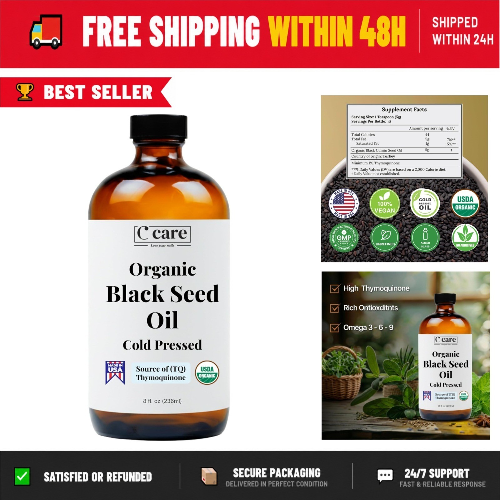 Vocks Organic Black Seed Oil 8 Fl Oz – Immune Support, Hair & Skin