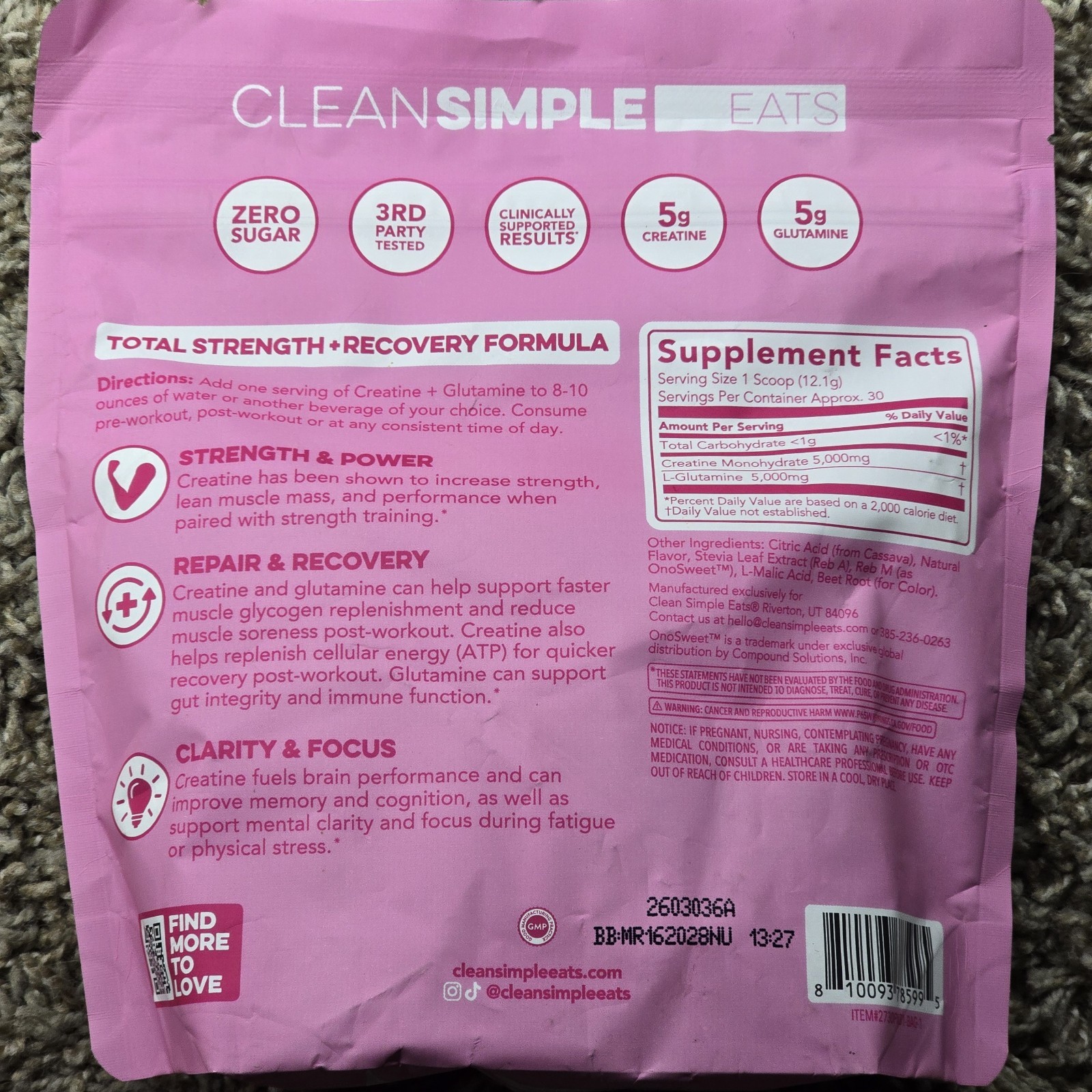 Clean Simple Eats Creatine + Glutamine Pink Burst Supplement Powder 30 Servings