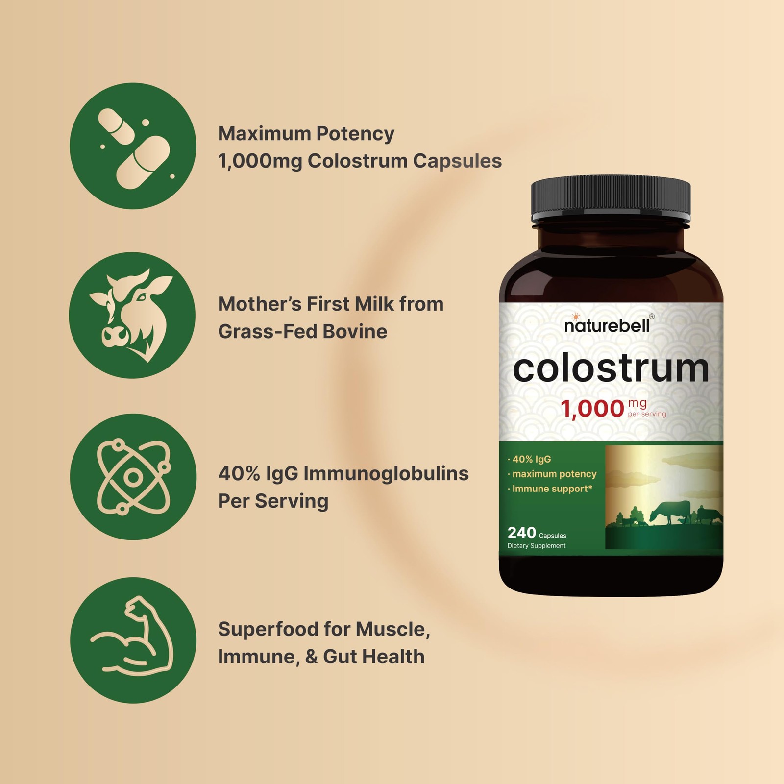NatureBell Bovine Colostrum Supplement 1,000mg Per 240 Count (Pack of 1)