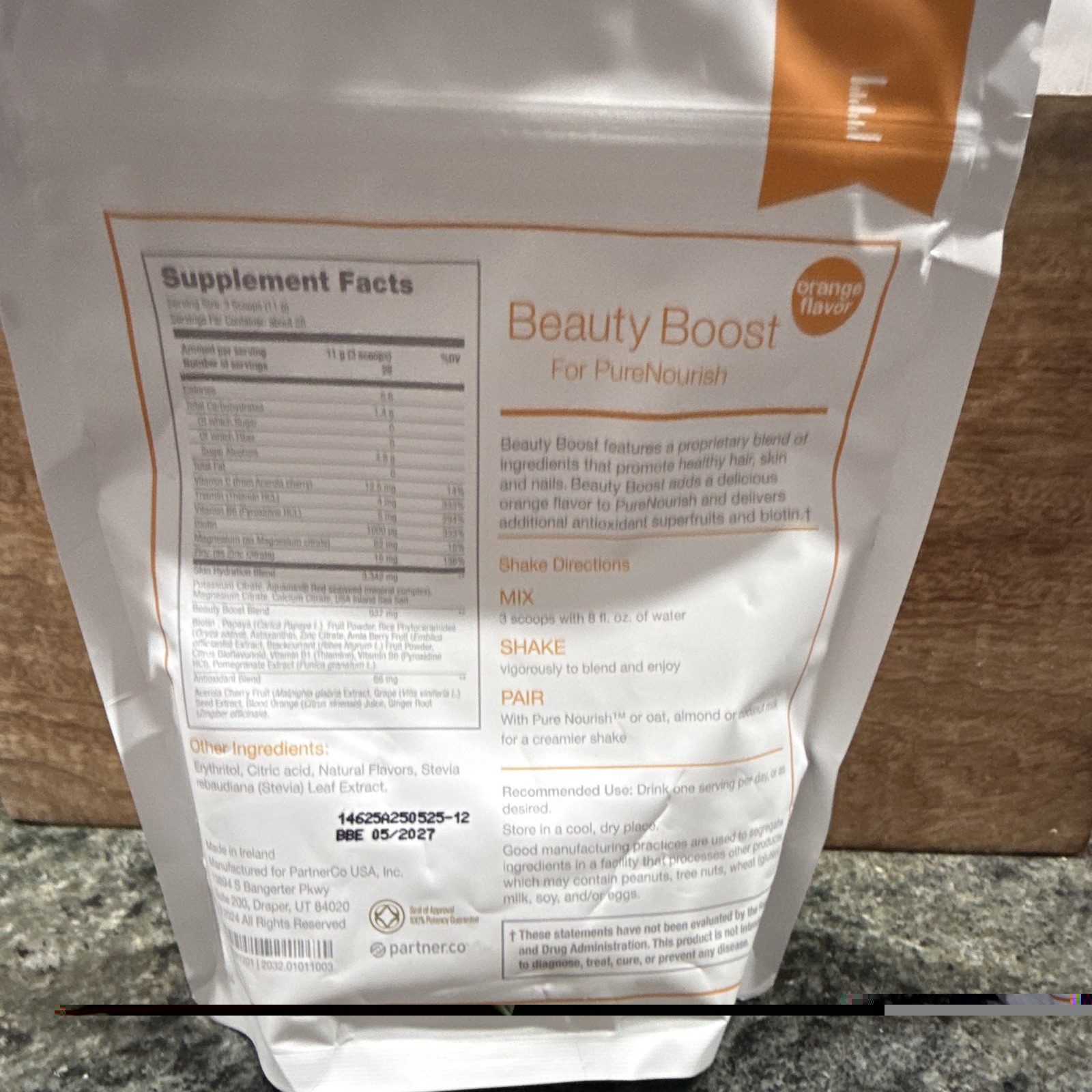 PartnerCo Beauty Boost Dietary Supplement Powder Hair Skin Nail Orange 10.9 oz