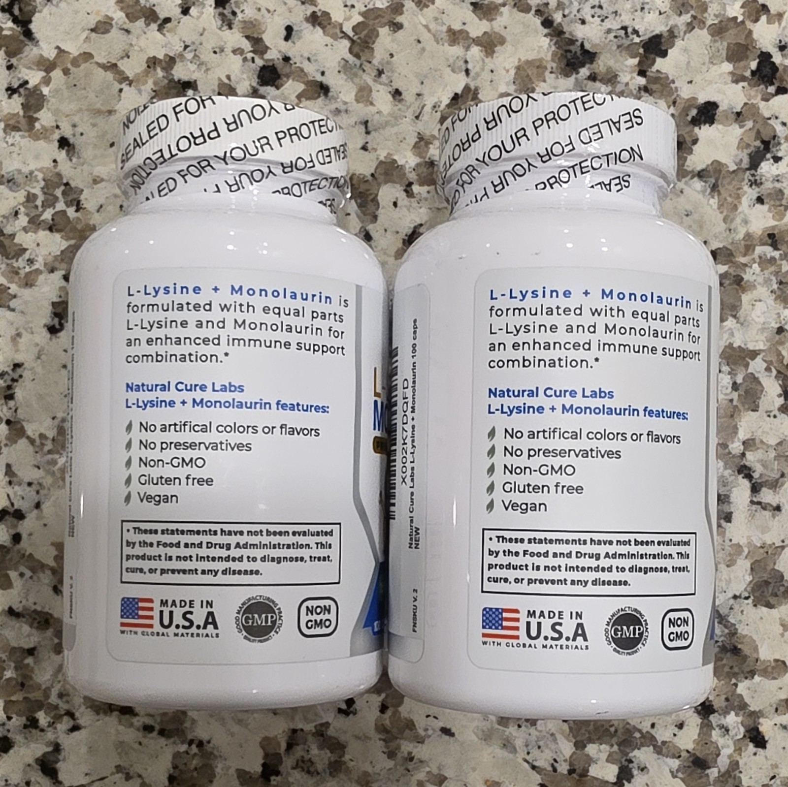 Natural Cure Labs L-Lysine HCl + Monolaurin 600mg 100 Caps- 2 Bottles