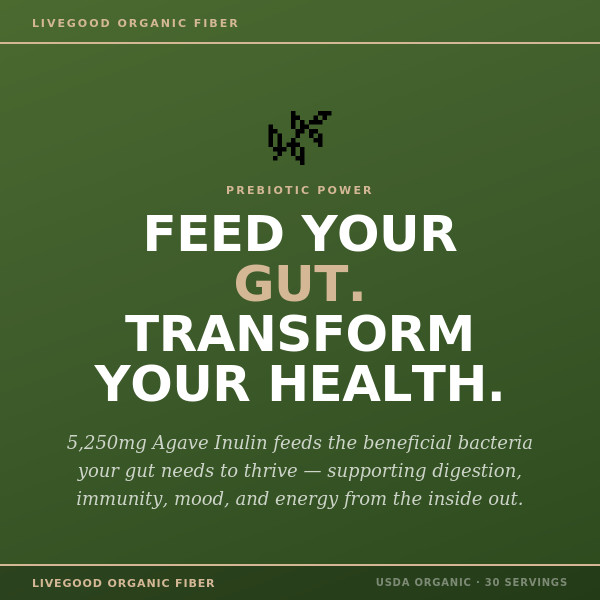 LiveGood USDA Organic Fiber Powder 8g Fiber 10 Sources Psyllium Vegan 30 Scoops