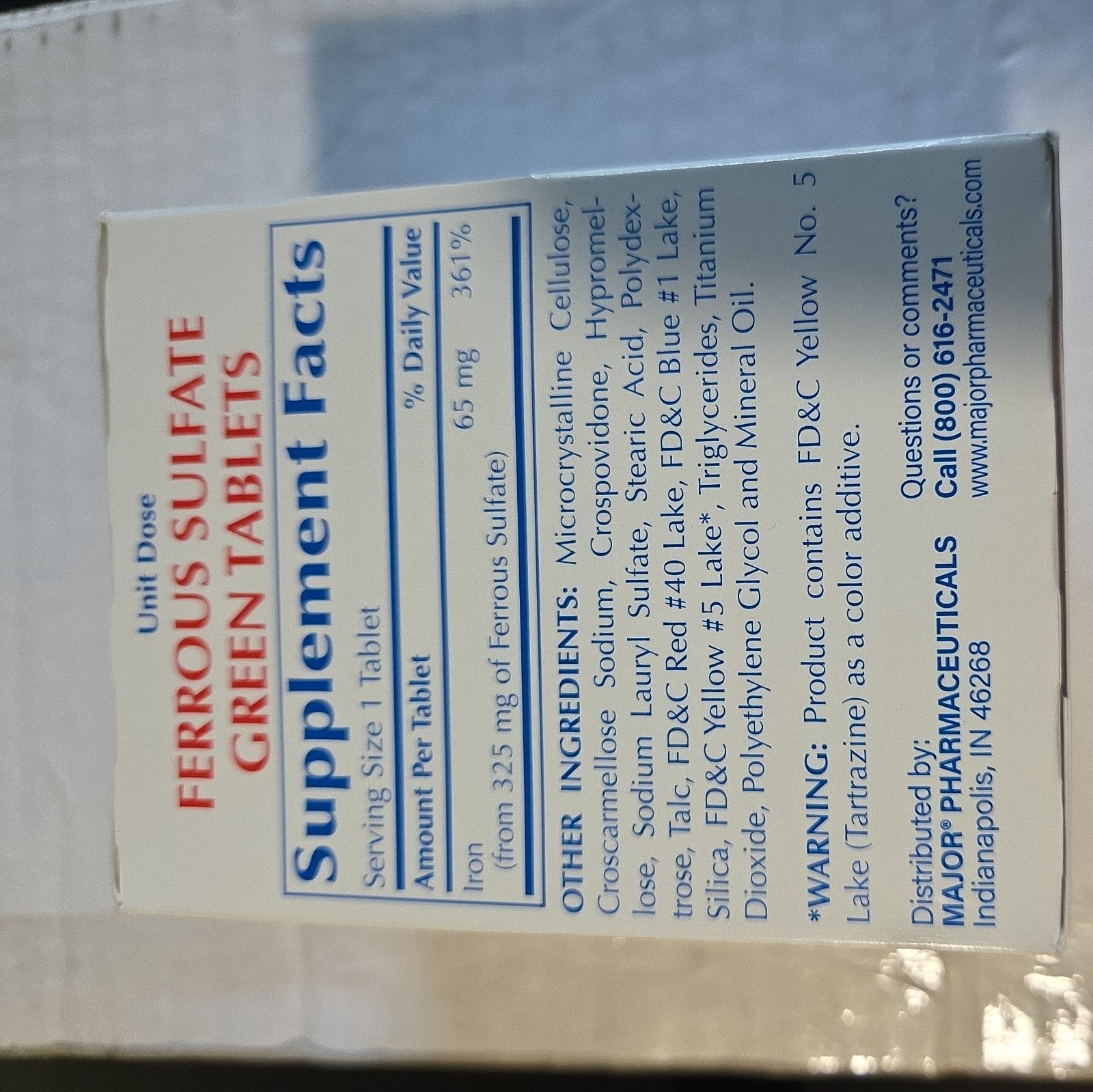 Major Ferrous Sulfate Green Iron Supplement 325mg 100 Tablets Exp. 8/27