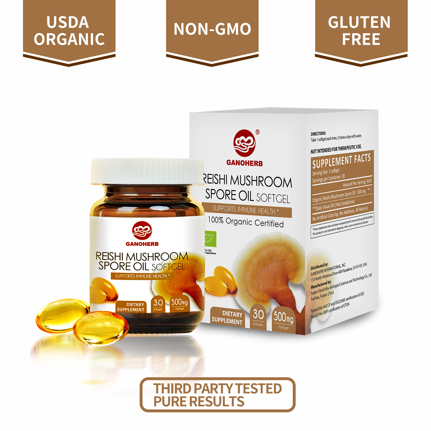 GANOHERB Organic Ganoderma Lucidum Reishi Mushroom lingzhi Spore Oil Softgel