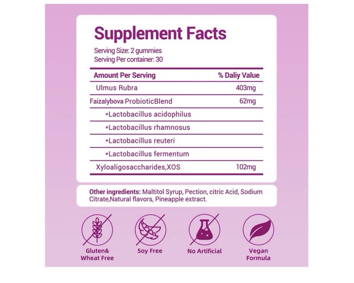 Faizalybova Probiotic + Slippery Elm Gummies Women’s Digestive Vegan 60