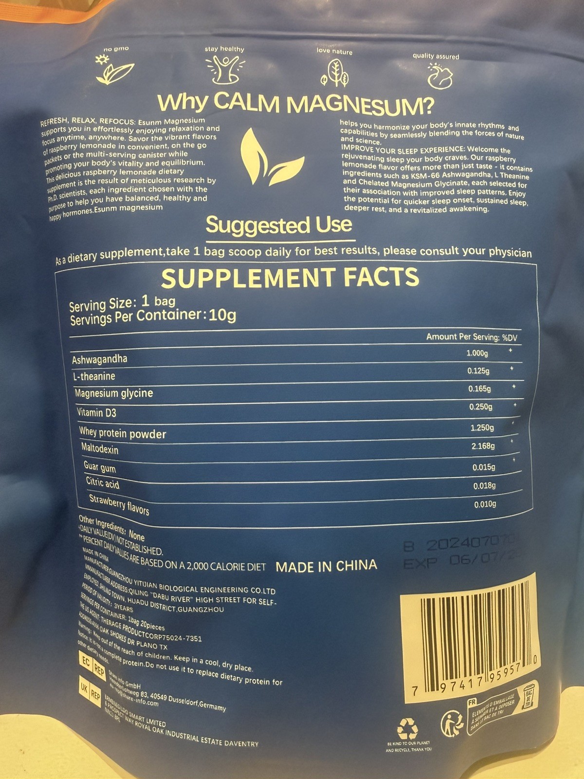 ESUNM Calm Magnesium Raspberry Lemonade Drink Mix Stress Relief 20 Packets