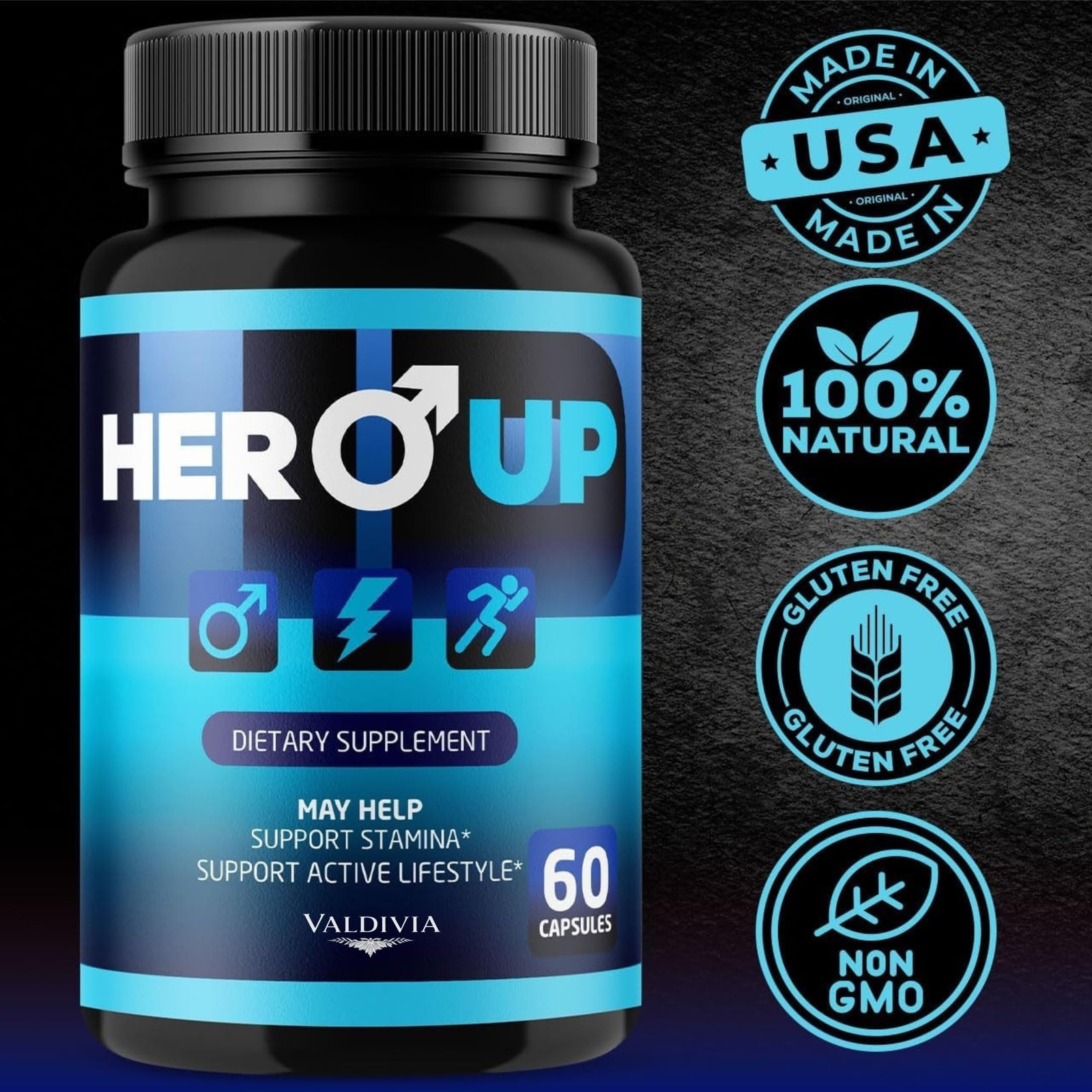 Valdivia HeroUp 180 Capsules 3 Pack Men’s Health Supplement Made in USA Male