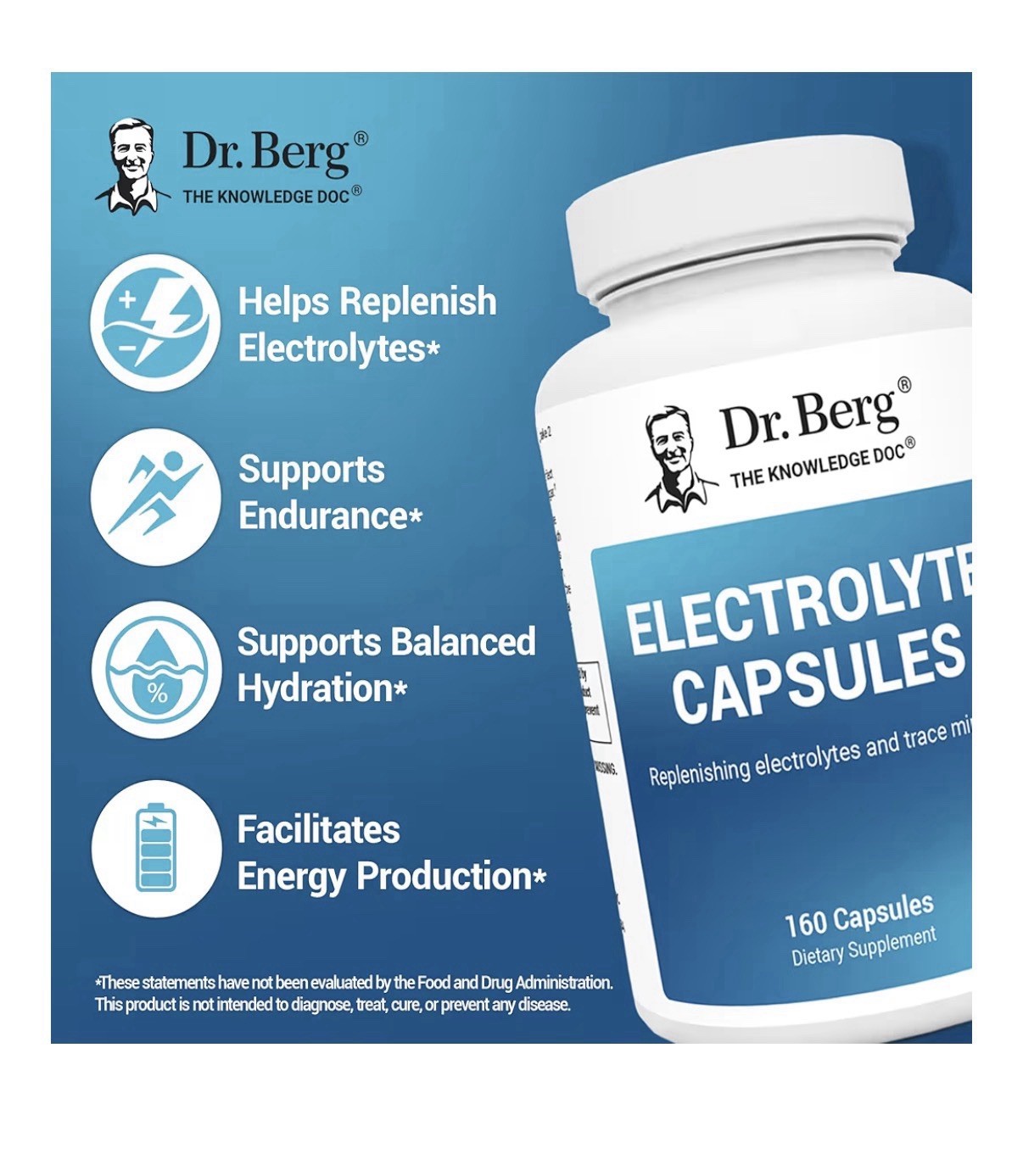 Dr. Berg Electrolyte Capsules Supplement Energy Endurance Hydration 160 Capsules