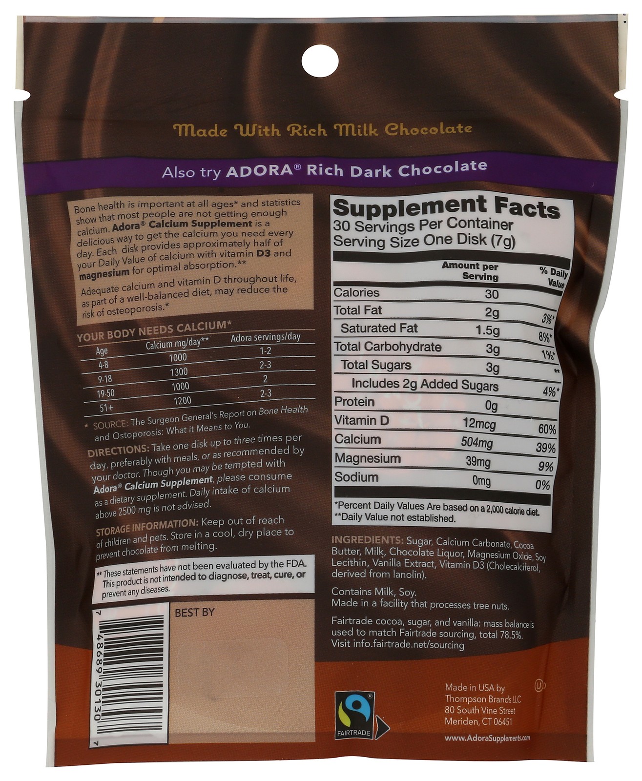 Calcium Milk Chocolate Disks By Adora 30 Count 6 Pack
