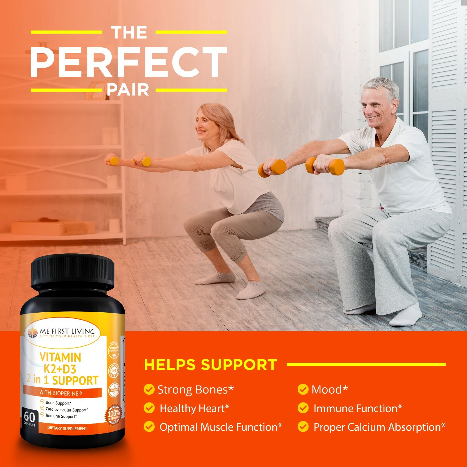 Me First Living K2+D3 Vitamin with Bioperine – 2 in 1 Support – 60 Capsules