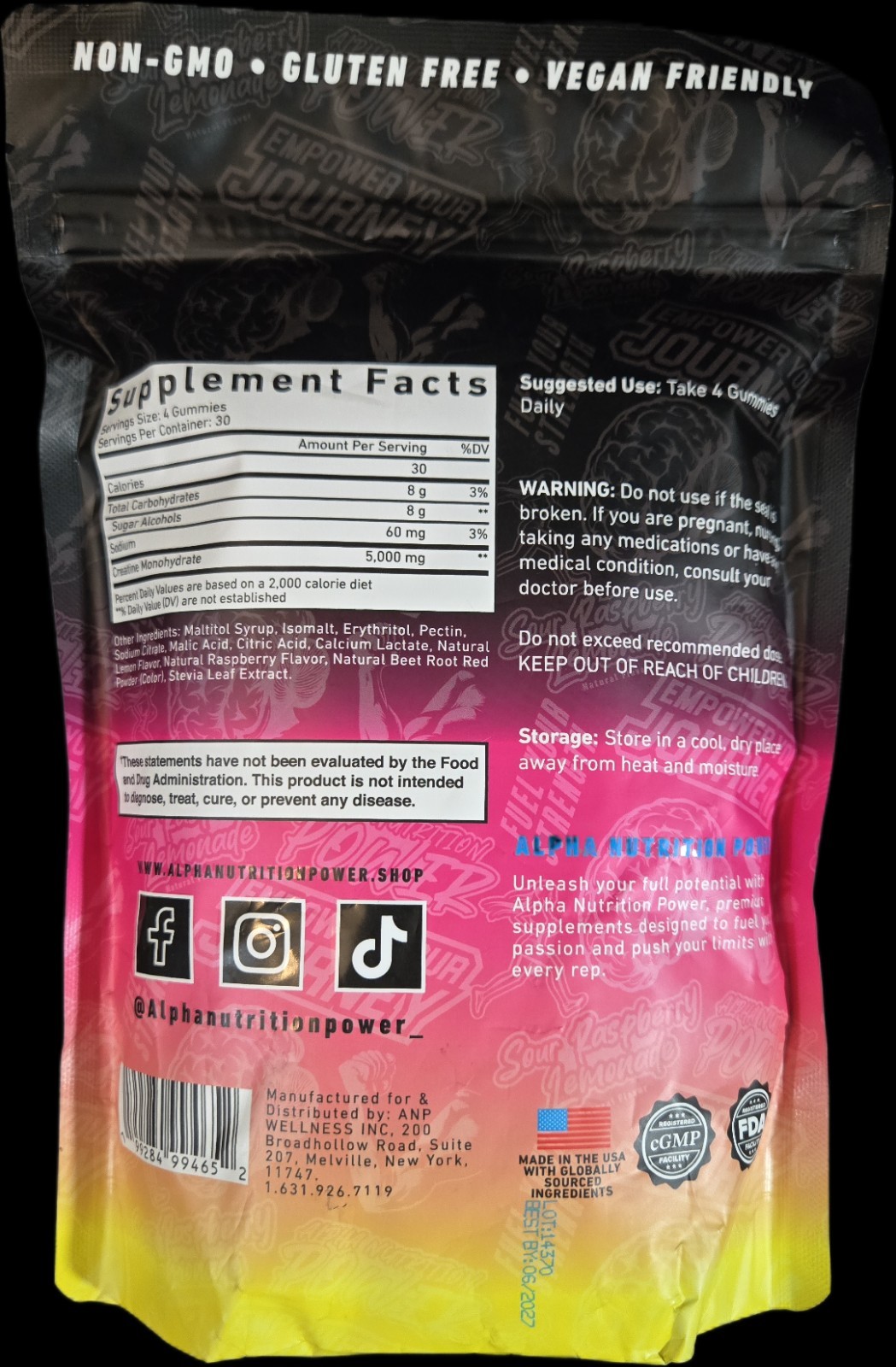 Alpha Nutrition Power Creatine Monohydrate Gummies Sour Raspberry Lemonade