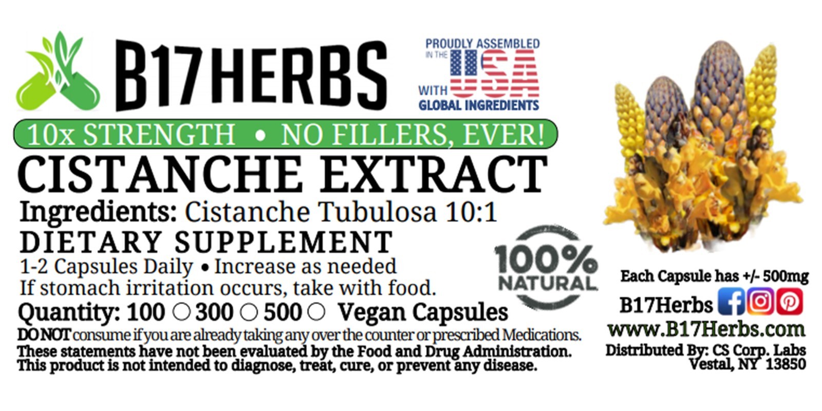 Cistanche Tubulosa 10:1 Extract Caps – 10x Strength – 100 Veggie Caps, 500mg