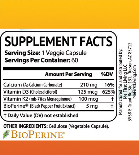 Me First Living K2+D3 Vitamin with Bioperine – 2 in 1 Support – 60 Capsules