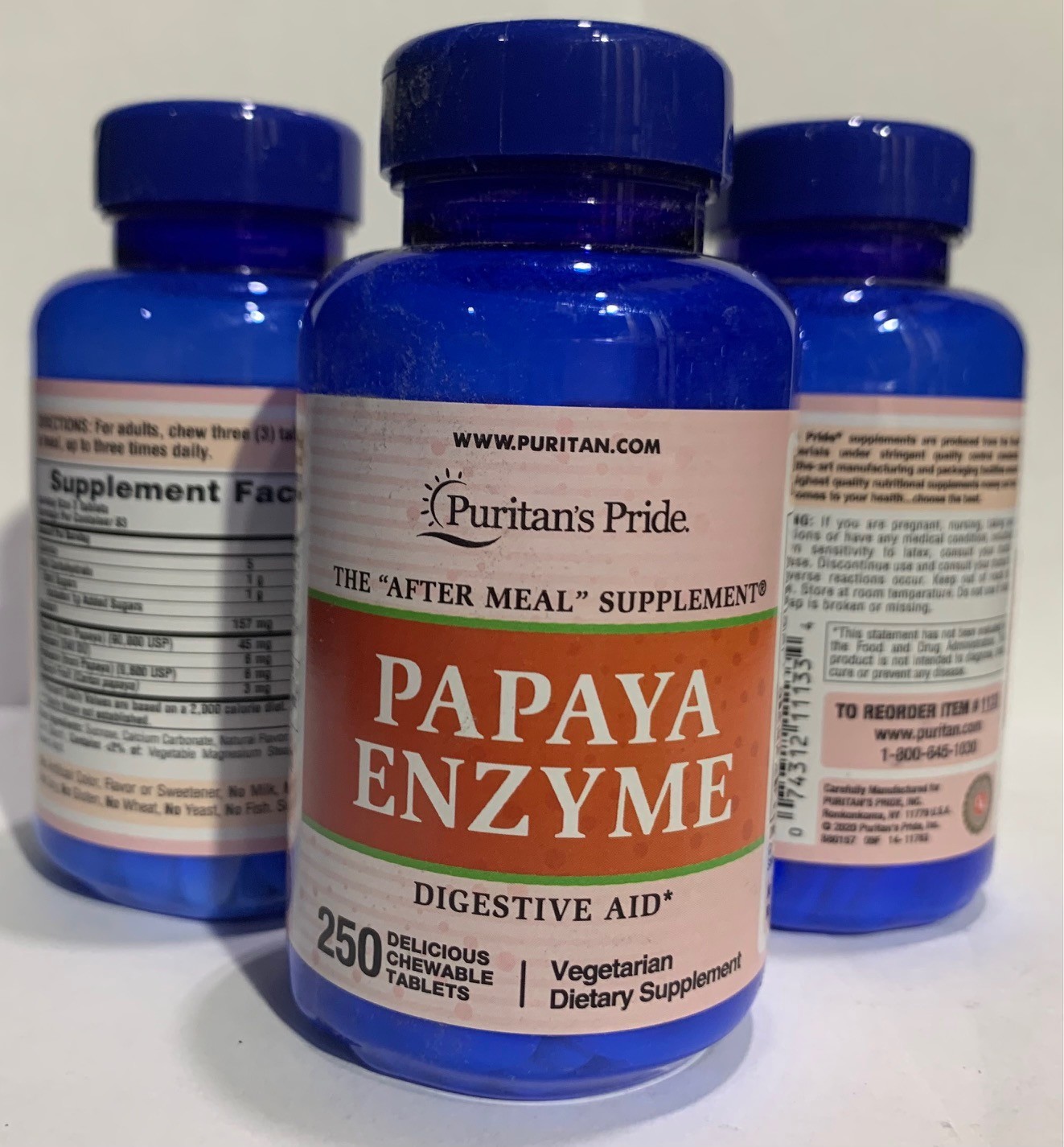 3 Pack Puritan’s Pride Papaya Enzyme Digestive Aid 250 Chewable Tablets Each