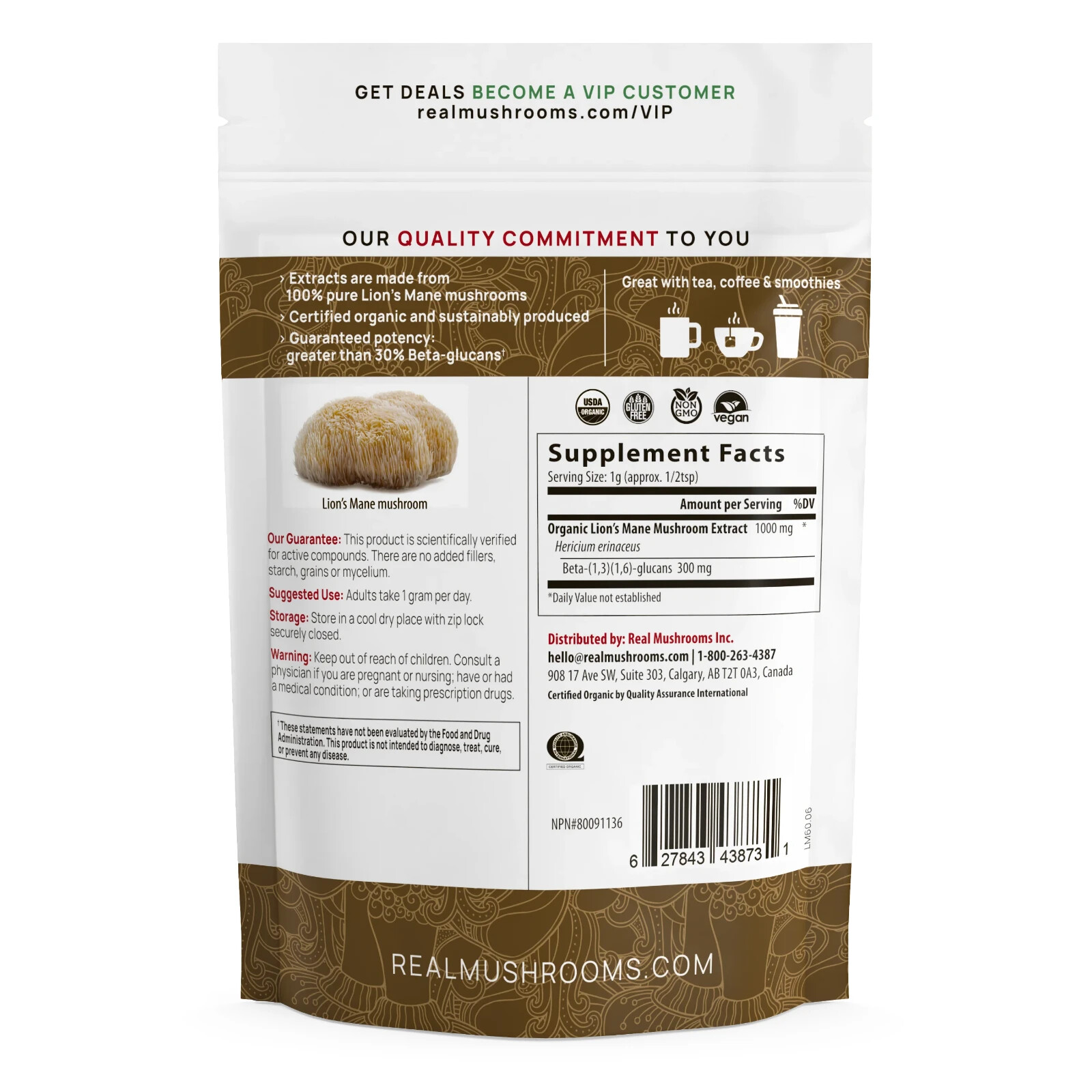 Real Mushrooms Lion’s Mane for Pets Bulk Powder Organic Extracts Non-GMO 60g NEW