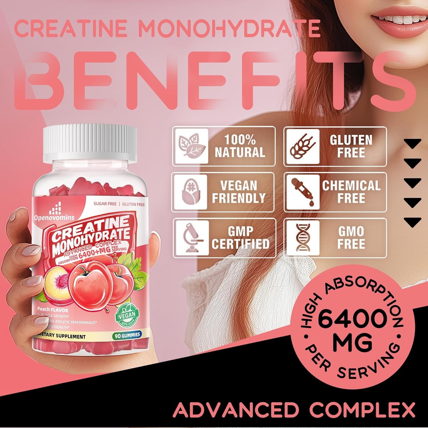 Openovomins Creatine Monohydrate Complex Gummies, Peach, 6400mg 90CT 10/27