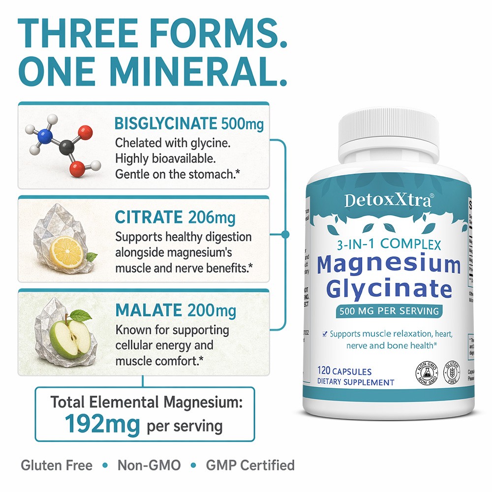 3-in-1 Magnesium Glycinate Complex | 500mg,For Relaxation&Bone Health 30~120Caps