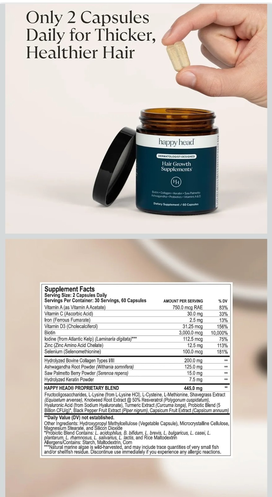 Happy Head Hair Growth Supplement Biotin + Vitamins 60 Capsules Exp 08/2027
