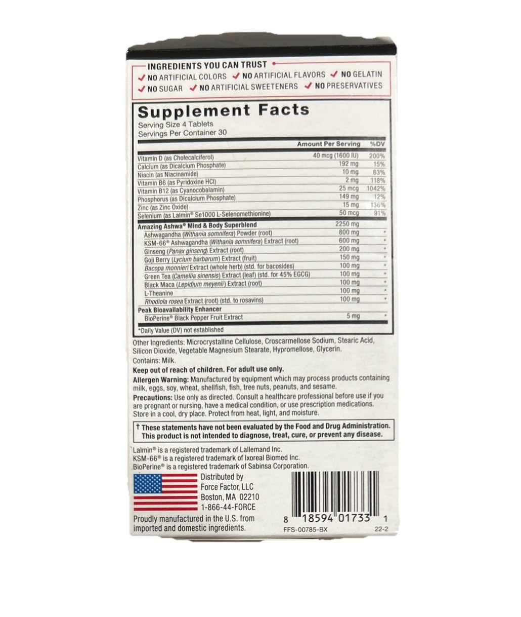Force Factor Amazing Ashwa Tablets Ashwagandha Supplement 120 Tablets 12/27+