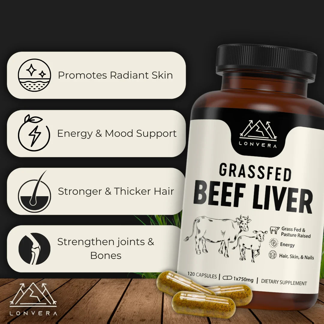 Lonvera Grass-Fed Beef Liver Capsules 3000mg Pasture-Raised Non-GMO GF