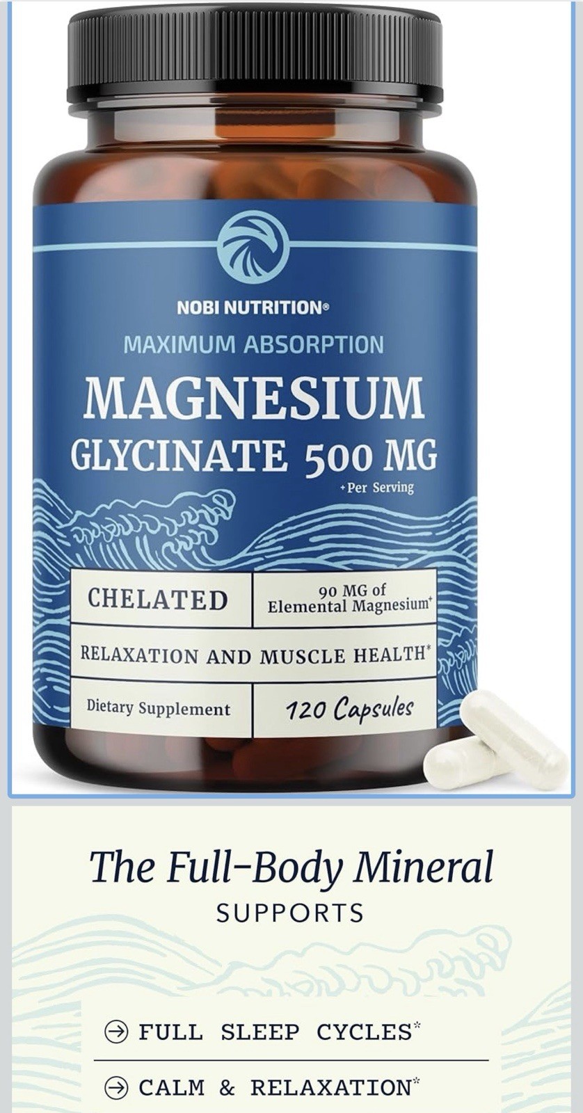 Nobi Nutrition Magnesium Glycinate 500mg 120 Capsules Vegan Non-GMO Gluten-Free