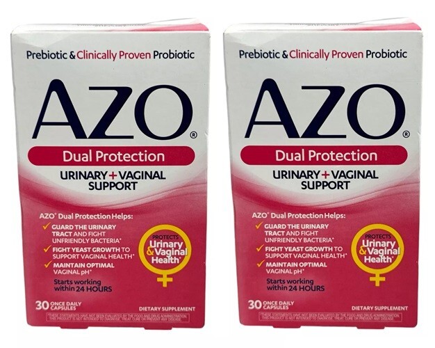 2x AZO DUAL PROTECTION URINARY & VAGINAL SUPPORT 24HR 30×2= 60 Capsules 01/27+