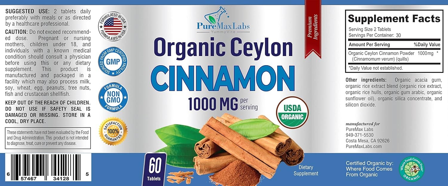 Organic Ceylon Cinnamon – 1000Mg per Serving, Certified Organic True Cinnamon Su