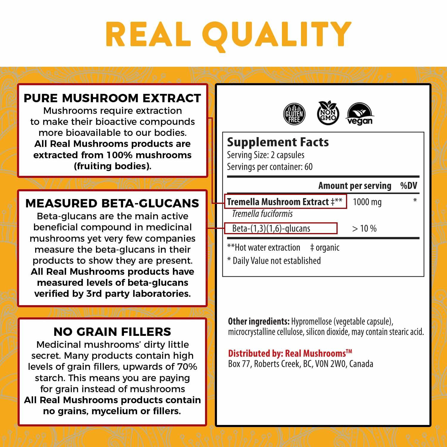Real Mushrooms Organic Tremella Extract Rejuvenation Pure Vegan 300 caps NEW