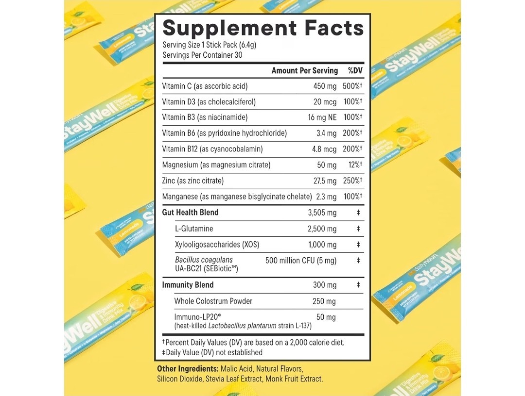 dailynouri StayWell Digestive & Immune Support Drink Mix Lemonade 30 Sticks
