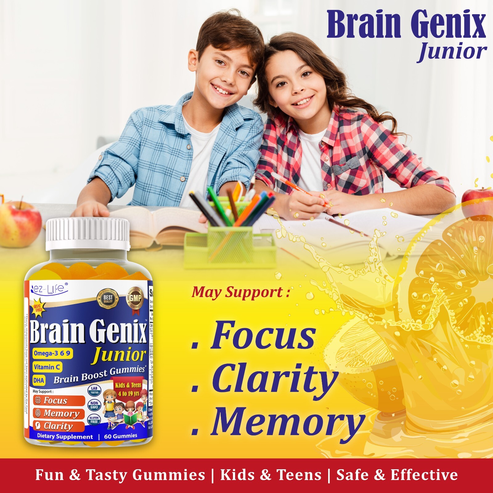 Brain Booster Focus Kids &Teens Gummies, Omega 3 DHA Memory Supplement 60Ct
