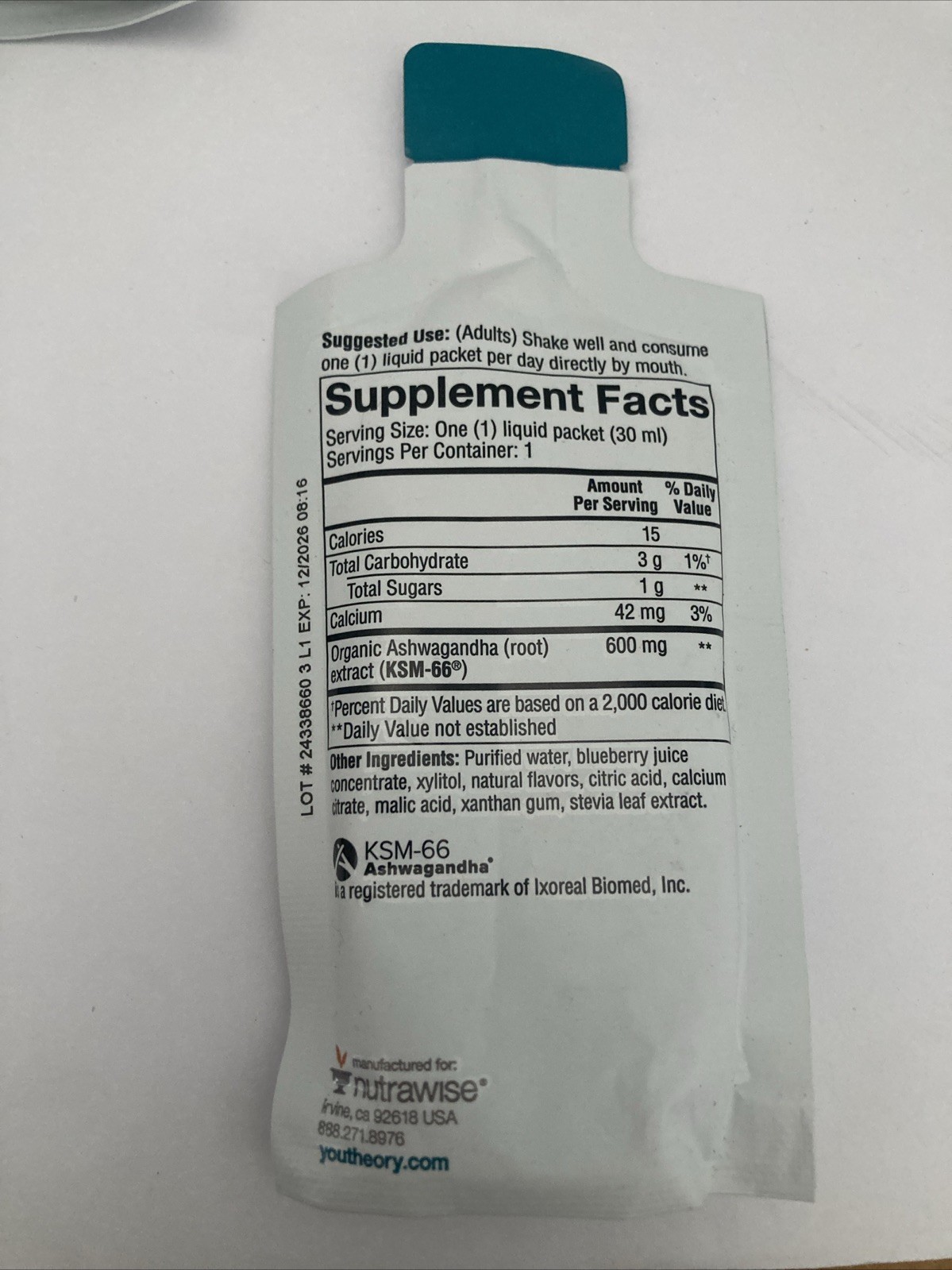Youtheory – Ashwagandha Liquid Stress Relief Blueberry – 15 Packets 12/2026