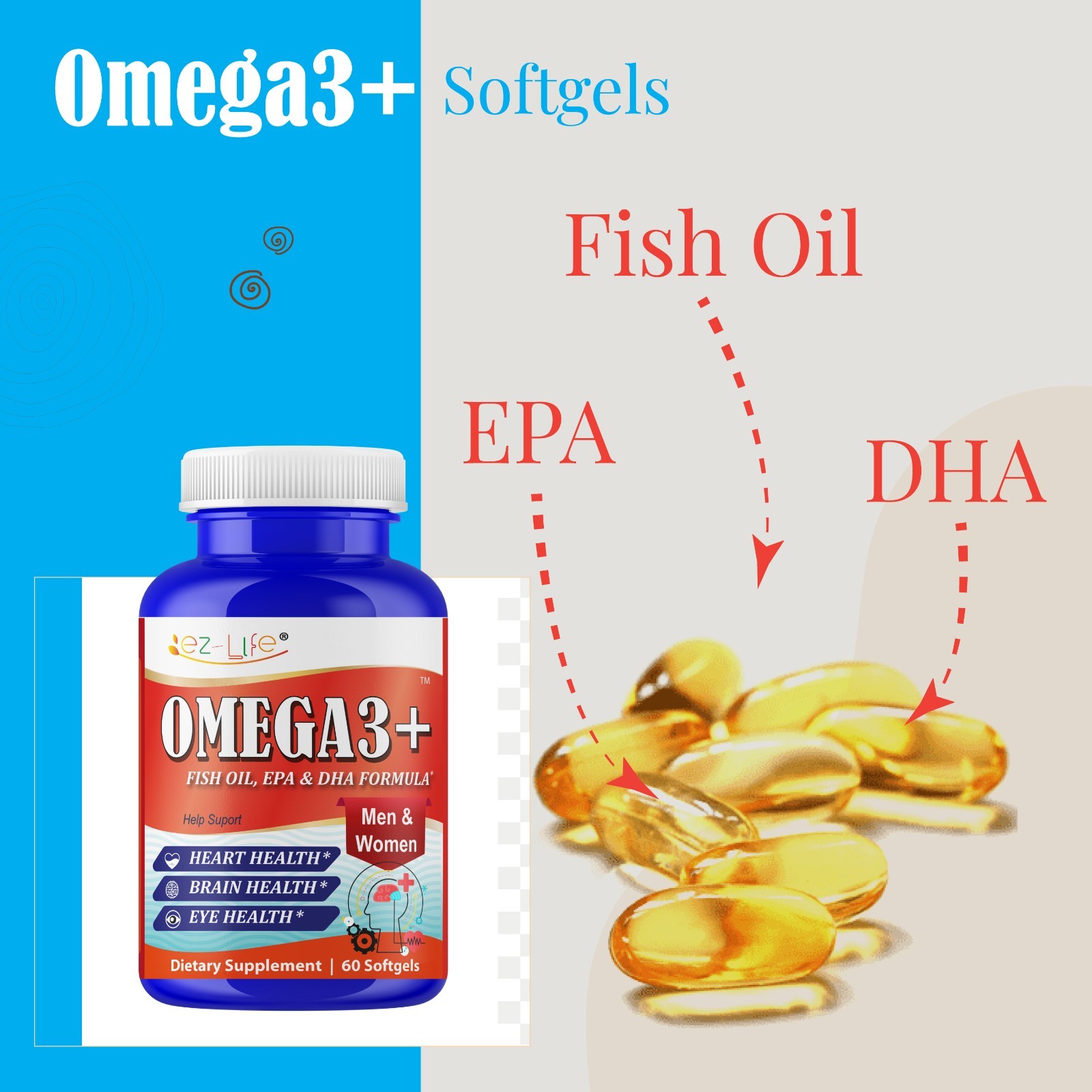 Fish Oil EPA DHA Omega 3 Supplement for Brain Heart Eye Support- 60 Softgels