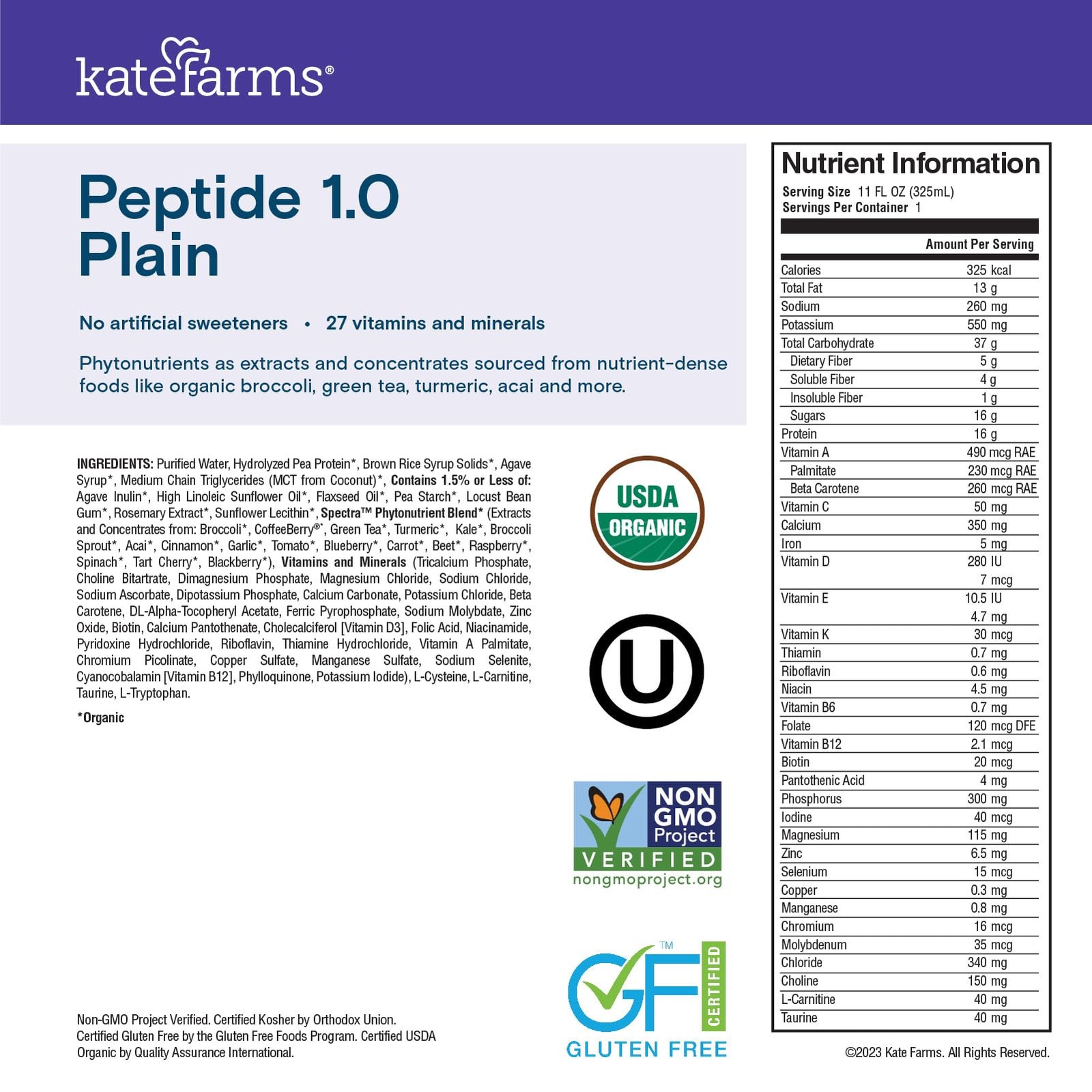 Kate Farms Organic Adult Peptide 1.0 Formula Plain Sole-Source Hydrolyzed