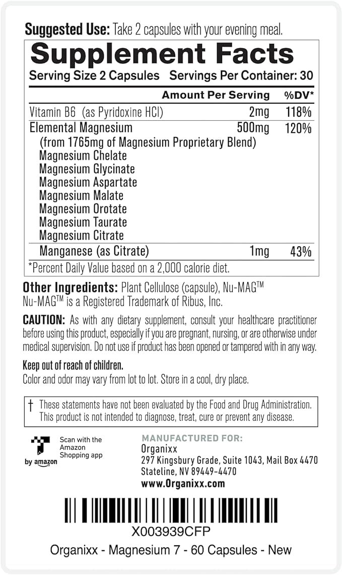 Organixx Magnesium Supplement Natural Magnesium Capsules for Sleep Support Mu…