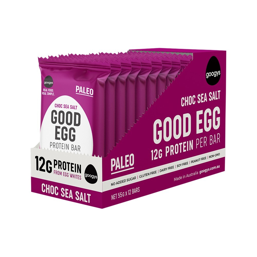 New Googys Good Egg Protein Bar Choc Sea Salt 55g x 12 Bars
