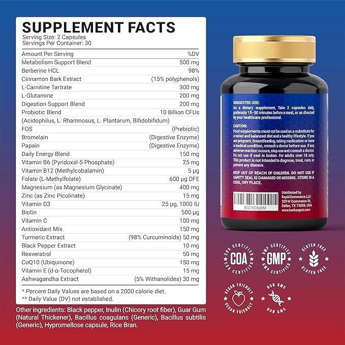 Berberine Metabolic Support Complex Probiotics Resveratrol CoQ10 Energy 60 Caps