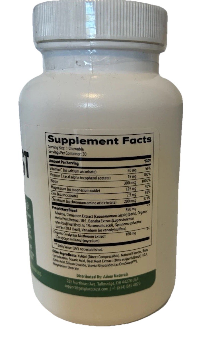 Adem Naturals GlucoTrust Bites Chewable Blood Sugar Support Tablets 30 Vegan