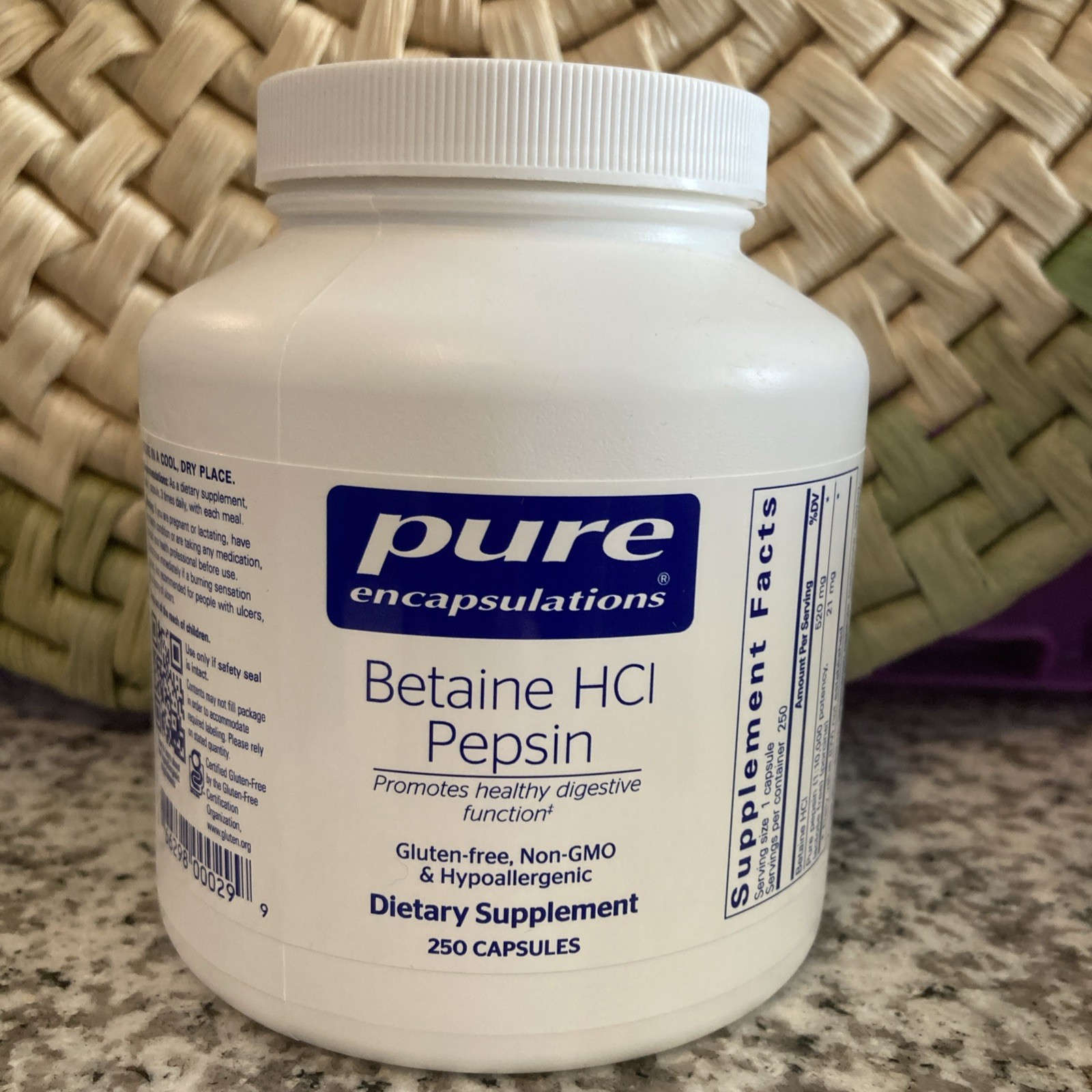Pure Encapsulations 520mg Betaine HCl Pepsin Supplement 250 Caps New EXP 01/2027